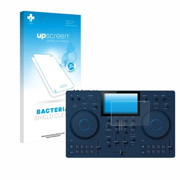 Parte frontal de un envase de producto con el logotipo de la marca upscreen. Al lado se muestra el dispositivo AlphaTheta OMNI