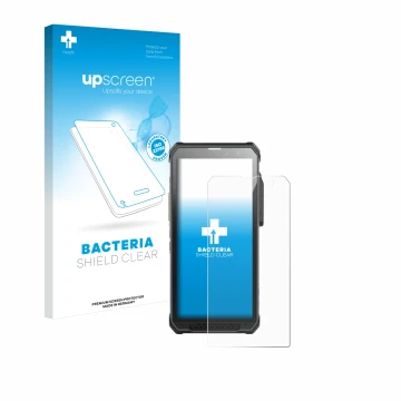 Parte frontal de un envase de producto con el logotipo de la marca upscreen. Al lado se muestra el dispositivo RugGear RG880 c