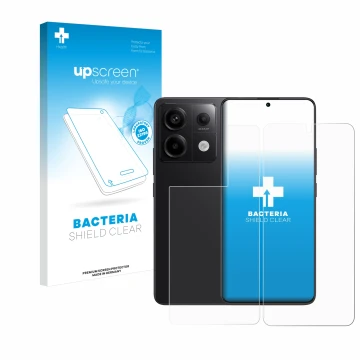 Parte frontal de un envase de producto con el logotipo de la marca upscreen. Al lado se muestra el dispositivo Xiaomi Redmi No