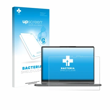 Parte frontal de un envase de producto con el logotipo de la marca upscreen. Al lado se muestra el dispositivo Lenovo Yoga 9i 