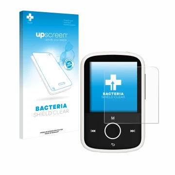 Parte frontal de un envase de producto con el logotipo de la marca upscreen. Al lado se muestra el dispositivo Majority MP3 16