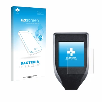 Parte frontal de un envase de producto con el logotipo de la marca upscreen. Al lado se muestra el dispositivo Trezor Model T 