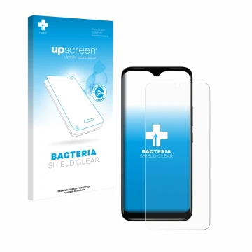 Parte frontal de un envase de producto con el logotipo de la marca upscreen. Al lado se muestra el dispositivo Nokia C12 con s