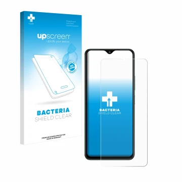 Parte frontal de un envase de producto con el logotipo de la marca upscreen. Al lado se muestra el dispositivo Xiaomi Redmi A3