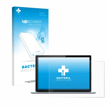 Parte frontal de un envase de producto con el logotipo de la marca upscreen. Al lado se muestra el dispositivo Lenovo IdeaPad 