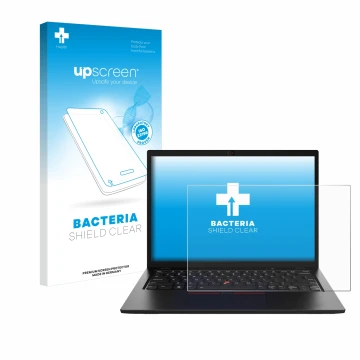 Parte frontal de un envase de producto con el logotipo de la marca upscreen. Al lado se muestra el dispositivo Lenovo ThinkPad