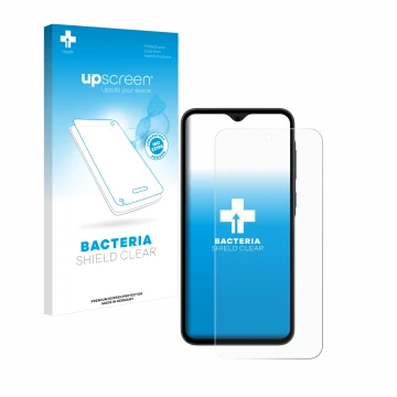 Parte frontal de un envase de producto con el logotipo de la marca upscreen. Al lado se muestra el dispositivo Samsung Galaxy 