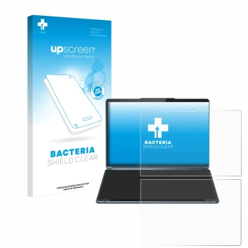 Parte frontal de un envase de producto con el logotipo de la marca upscreen. Al lado se muestra el dispositivo Lenovo Yoga Boo