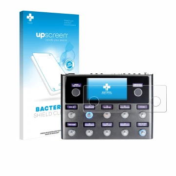 Parte frontal de un envase de producto con el logotipo de la marca upscreen. Al lado se muestra el dispositivo Fender Tone Mas