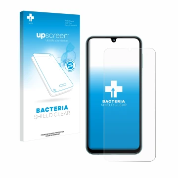Parte frontal de un envase de producto con el logotipo de la marca upscreen. Al lado se muestra el dispositivo Samsung Galaxy 