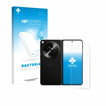 Parte frontal de un envase de producto con el logotipo de la marca upscreen. Al lado se muestra el dispositivo OnePlus Open (c