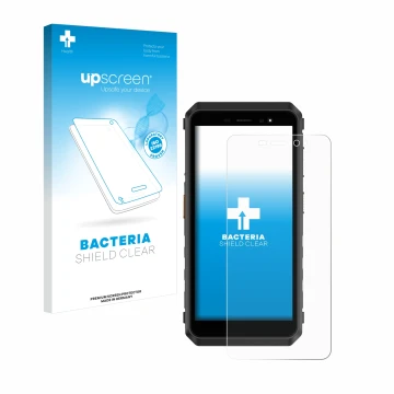 Parte frontal de un envase de producto con el logotipo de la marca upscreen. Al lado se muestra el dispositivo Ulefone Power A