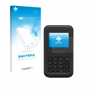 Parte frontal de un envase de producto con el logotipo de la marca upscreen. Al lado se muestra el dispositivo Shopify WisePad