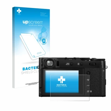 Parte frontal de un envase de producto con el logotipo de la marca upscreen. Al lado se muestra el dispositivo Fujifilm X100VI