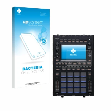 Parte frontal de un envase de producto con el logotipo de la marca upscreen. Al lado se muestra el dispositivo KORG KAOSS Repl