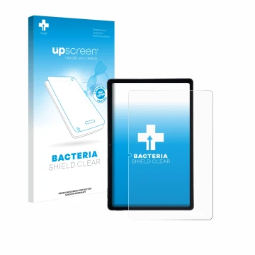 Parte frontal de un envase de producto con el logotipo de la marca upscreen. Al lado se muestra el dispositivo AGM Pad P2 con 
