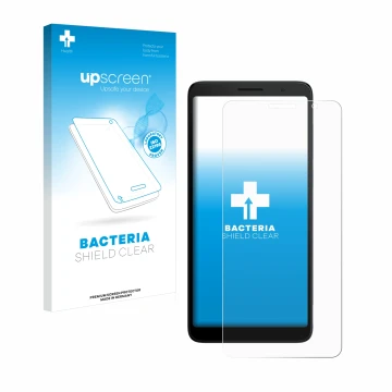 Parte frontal de un envase de producto con el logotipo de la marca upscreen. Al lado se muestra el dispositivo TCL 501 con su 
