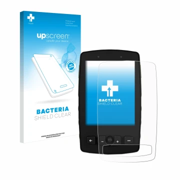Parte frontal de un envase de producto con el logotipo de la marca upscreen. Al lado se muestra el dispositivo TwoNav Aventura
