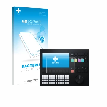 Parte frontal de un envase de producto con el logotipo de la marca upscreen. Al lado se muestra el dispositivo Polyend Tracker