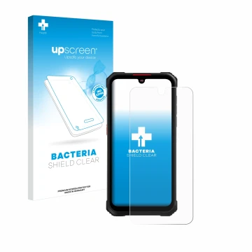 Parte frontal de un envase de producto con el logotipo de la marca upscreen. Al lado se muestra el dispositivo Hotwav Cyber 9 
