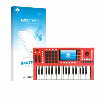 Parte frontal de un envase de producto con el logotipo de la marca upscreen. Al lado se muestra el dispositivo Akai Profession