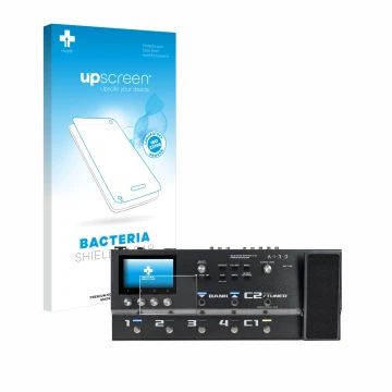 Parte frontal de un envase de producto con el logotipo de la marca upscreen. Al lado se muestra el dispositivo Boss GX-100 con