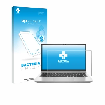 Parte frontal de un envase de producto con el logotipo de la marca upscreen. Al lado se muestra el dispositivo HP ProBook 445 