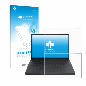 Parte frontal de un envase de producto con el logotipo de la marca upscreen. Al lado se muestra el dispositivo ASUS ZenBook Du