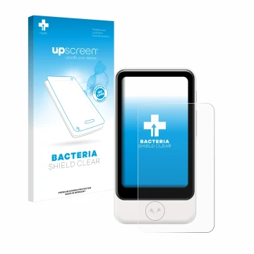 Parte frontal de un envase de producto con el logotipo de la marca upscreen. Al lado se muestra el dispositivo Pocketalk Plus 