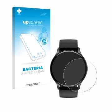 Parte frontal de un envase de producto con el logotipo de la marca upscreen. Al lado se muestra el dispositivo Sross Smartwatc
