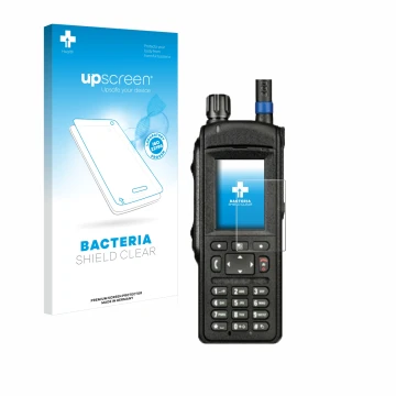 Parte frontal de un envase de producto con el logotipo de la marca upscreen. Al lado se muestra el dispositivo Motorola MTP665