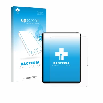 Parte frontal de un envase de producto con el logotipo de la marca upscreen. Al lado se muestra el dispositivo Apple iPad Pro 