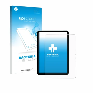 Parte frontal de un envase de producto con el logotipo de la marca upscreen. Al lado se muestra el dispositivo Apple iPad Air 