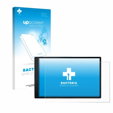 Parte frontal de un envase de producto con el logotipo de la marca upscreen. Al lado se muestra el dispositivo Garmin DriveSma