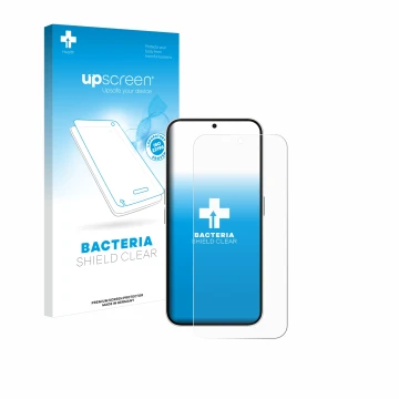 Parte frontal de un envase de producto con el logotipo de la marca upscreen. Al lado se muestra el dispositivo Nothing Phone (
