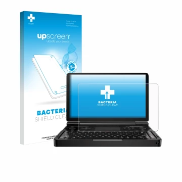 Parte frontal de un envase de producto con el logotipo de la marca upscreen. Al lado se muestra el dispositivo GPD Win Mini (2