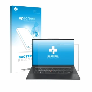 Parte frontal de un envase de producto con el logotipo de la marca upscreen. Al lado se muestra el dispositivo Lenovo ThinkPad