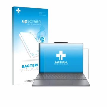 Parte frontal de un envase de producto con el logotipo de la marca upscreen. Al lado se muestra el dispositivo Lenovo ThinkBoo
