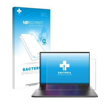 Parte frontal de un envase de producto con el logotipo de la marca upscreen. Al lado se muestra el dispositivo Acer Swift Go 1