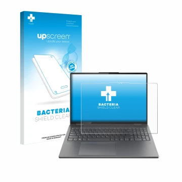 Parte frontal de un envase de producto con el logotipo de la marca upscreen. Al lado se muestra el dispositivo Lenovo Yoga 7i 