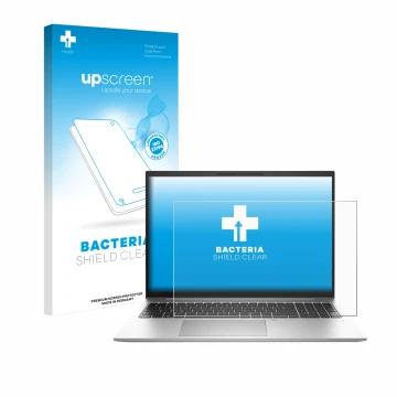 Parte frontal de un envase de producto con el logotipo de la marca upscreen. Al lado se muestra el dispositivo HP EliteBook 86