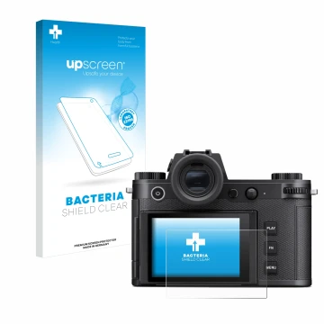 Parte frontal de un envase de producto con el logotipo de la marca upscreen. Al lado se muestra el dispositivo Leica SL3 con s