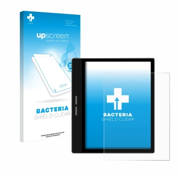 Parte frontal de un envase de producto con el logotipo de la marca upscreen. Al lado se muestra el dispositivo Bigme B751C con