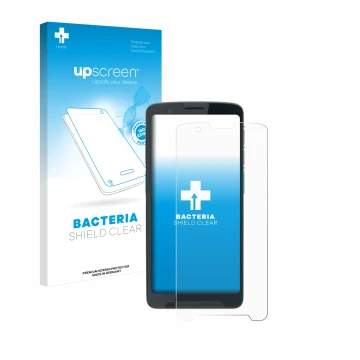 Parte frontal de un envase de producto con el logotipo de la marca upscreen. Al lado se muestra el dispositivo Unitech EA660 c