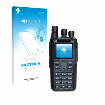 Parte frontal de un envase de producto con el logotipo de la marca upscreen. Al lado se muestra el dispositivo AnyTone AT-D878