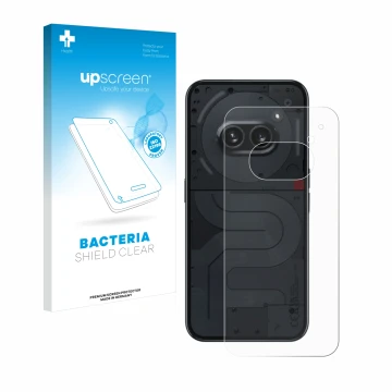 Parte frontal de un envase de producto con el logotipo de la marca upscreen. Al lado se muestra el dispositivo Nothing Phone (