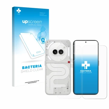 Parte frontal de un envase de producto con el logotipo de la marca upscreen. Al lado se muestra el dispositivo Nothing Phone (