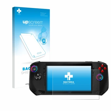 Parte frontal de un envase de producto con el logotipo de la marca upscreen. Al lado se muestra el dispositivo MSI Claw A1M co