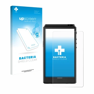 Parte frontal de un envase de producto con el logotipo de la marca upscreen. Al lado se muestra el dispositivo Hiby R6 III con