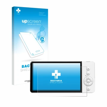 Parte frontal de un envase de producto con el logotipo de la marca upscreen. Al lado se muestra el dispositivo GHB ABM720 con 